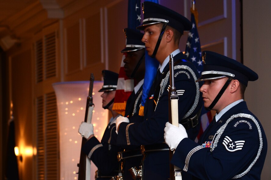 The 20th Force Support Squadron Honor Guard presents the colors during the Shaw Air Force Ball at Shaw Air Force Base, S.C., Sept. 18, 2015. The ball was held in celebration of the Air Force’s 68th birthday. (U.S. Air Force photo by Senior Airman Jonathan Bass/Released)