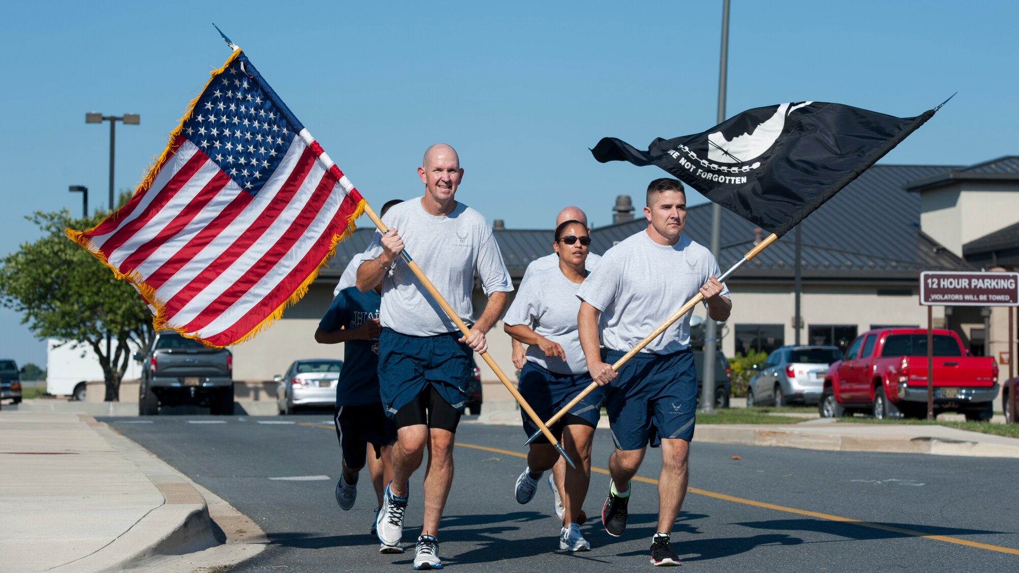 Dover Air Force Base’s Air Force Sergeants Association chapter’s leadership run the first shift during a National POW/MIA Recognition Day Memorial Run Sept. 17, 2015, at Dover Air Force Base, Del. Team Dover Airmen ran 15 minute shifts for 24 consecutive hours to pay honor to America’s POWs and MIAs. (U.S. Air Force photo/Airman 1st Class Zachary Cacicia)
