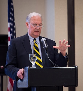 Mr. William Milcarek, former U.S. Air Force B-52 Spirit pilot and POW, speaks to members of Joint Base Charleston during the POW/MIA luncheon Sept. 18, 2015, at the Charleston Club on JB Charleston – Air Base, S.C. National POW/MIA Recognition Day is an annual event that honors servicemembers who were prisoners of war or missing in action. (U.S. Air Force photo/Airman 1st Class Clayton Cupit)