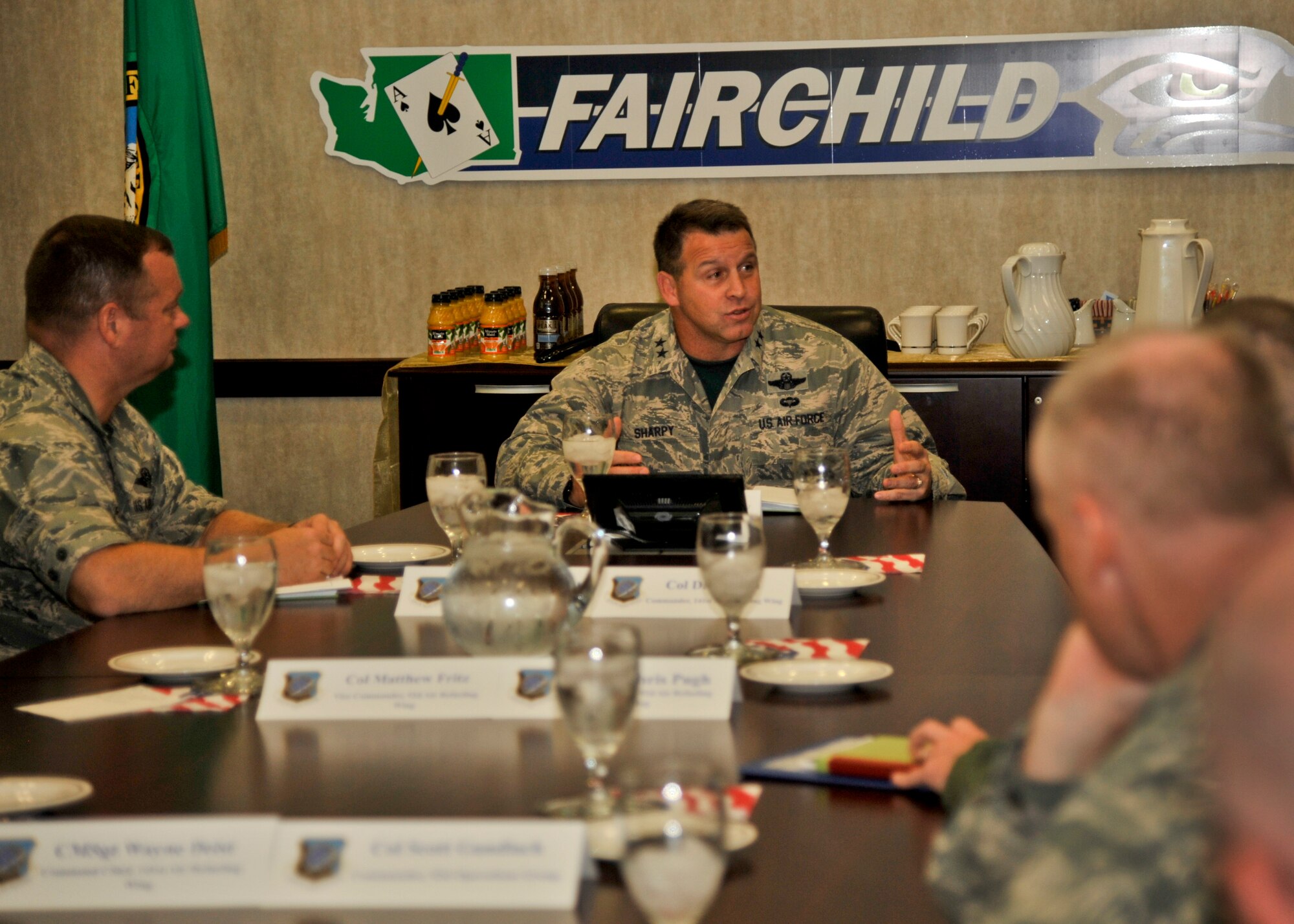 Maj. Gen. Thomas J. Sharpy, 18th Air Force commander, speaks with Col. Brian McDaniel, 92nd Air Refueling Wing commander, and base leadership during a mission brief Sept. 18, 2015, at Fairchild Air Force Base, Wash. Fairchild’s mission is to provide responsive, precise air refueling and operational support for the full range of military operations. (U.S. Air Force photo/Airman 1st Class Taylor Bourgeous)