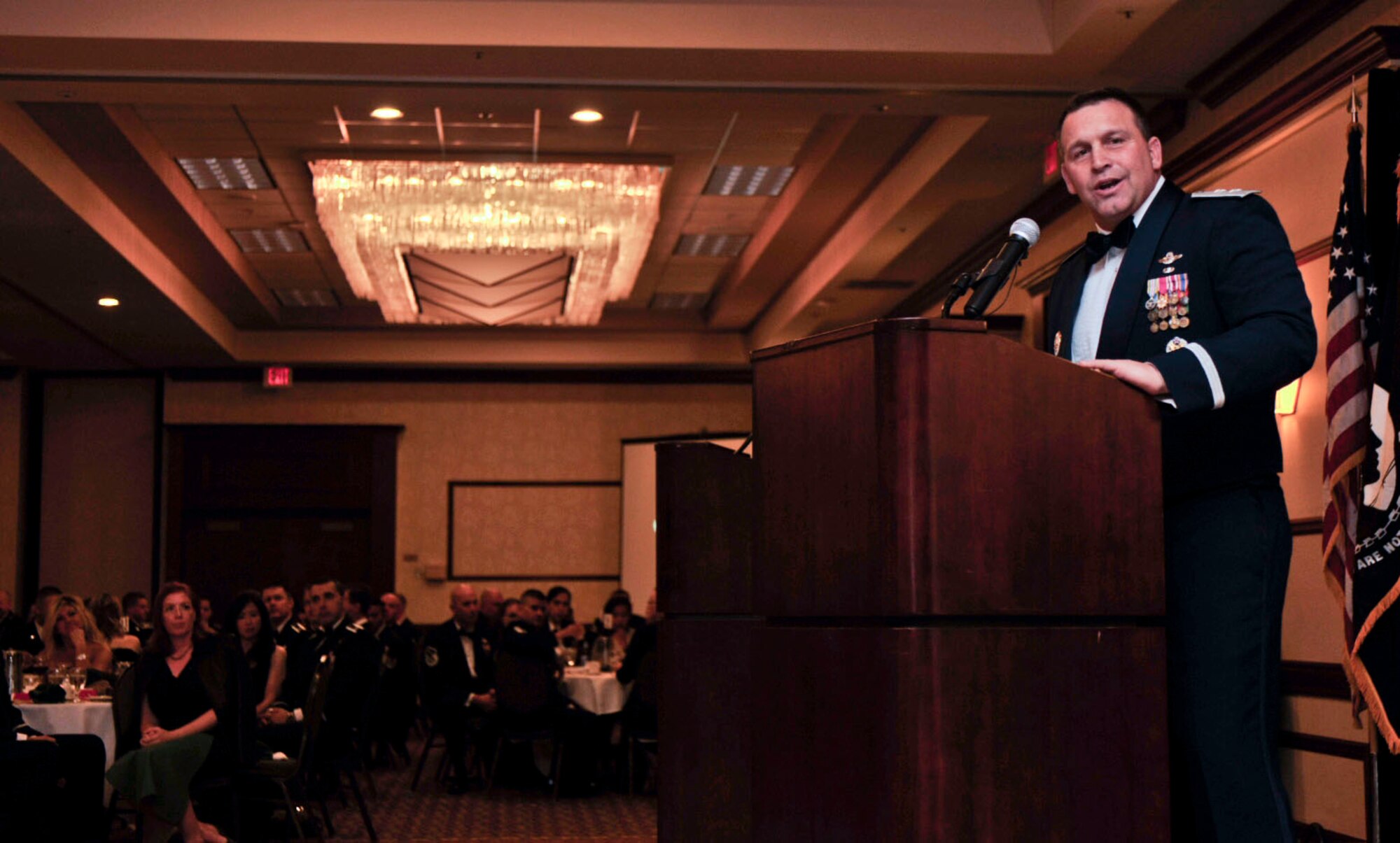 Maj. Gen. Thomas J. Sharpy, 18th Air Force commander, gives the keynote speech at the Air Force Ball Sept. 18, 2015, hosted by Fairchild Air Force Base in Spokane, Wash. Sharpy, who commanded Fairchild AFB from 2007-2008, also presented an award and received a tour of the base before taking part in the Air Force Ball. (U.S. Air Force photo/Airman Sean Campbell) 