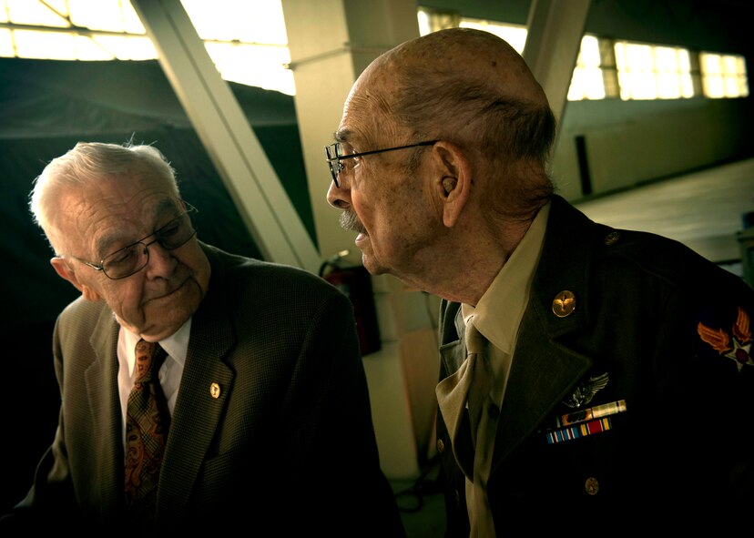 James Greenwell, World War II veteran, with Leo Makelky, World War II veteran and 2015 Air Force ball speaker, at the Air Force ball at Minot AFB, N.D., Sept. 19, 2015. The Air Force ball celebrates the birth of the U.S. Air Force which was created on Sept. 18, 1947. (U.S. Air Force photo by Senior Airman Apryl Hall)