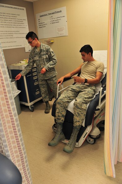 Senior Airman David Hoang, 5th Medical Operations Squadron allergy and immunizations technician, prepares to give a shot to Airman 1st Class Robert Padilla, 91st Missile Security Forces Squadron response force team member at Minot Air Force Base, N.D., Sept. 16, 2015. The Immunization Clinic offers immunizations for viruses such as the flu and smallpox as well as allergy relief and pediatric shots. (U.S. Air Force photo/Senior Airman Stephanie Morris)