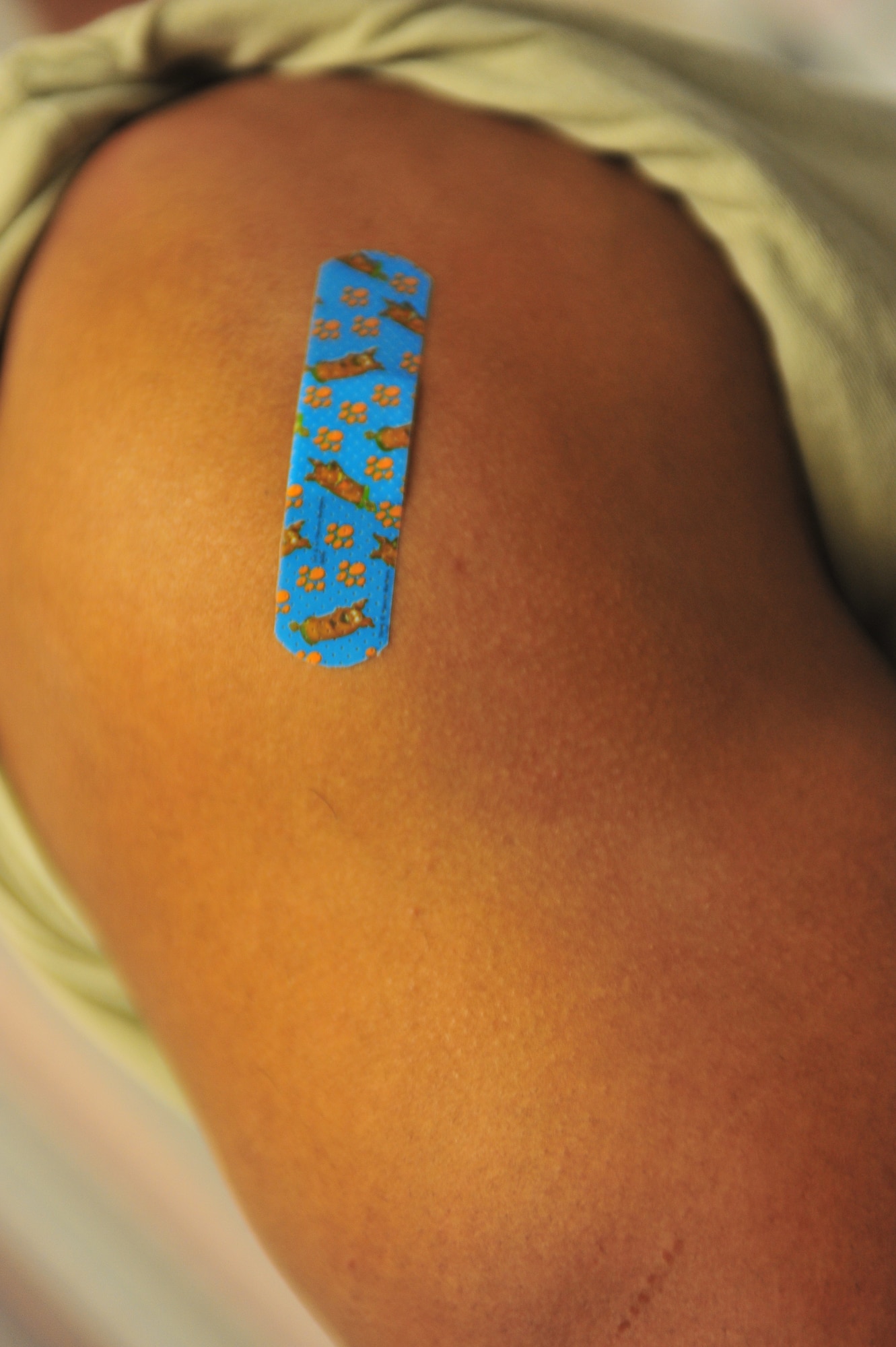 A bandage is placed on the arm of an immunization clinic patient at Minot Air Force Base, N.D., Sept. 16, 2015. The Immunization Clinic offers immunizations for viruses such as the flu and smallpox as well as allergy relief and pediatric shots. (U.S. Air Force photo/Senior Airman Stephanie Morris)
