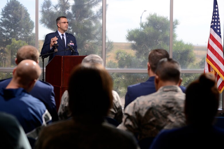 Col. Anthony Mastalir, 50th Space Wing vice commader, gives opening remarks at the prisoner of warand those missing in action closing ceremonies Sept. 17, 2015, at Schriever Air Force Base, Colorado. The base hosted events throughout the week in honor of those who sacrificed their lives and freedom. (U.S. Air Force photo/Christopher DeWitt) 