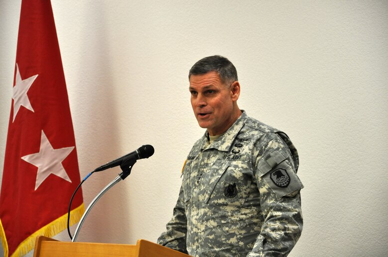 PETERSON AIR FORCE BASE, Colo. – Army Lt. Gen. David L. Mann, Joint Functional Component Command for Integrated Missile Defense commander, addresses attendees during the Joint Ballistic Missile Defense Training and Education Mission Full Operational Capability Declaration Ceremony Sept. 14 in Colorado Springs, Colorado. (courtesy photo)