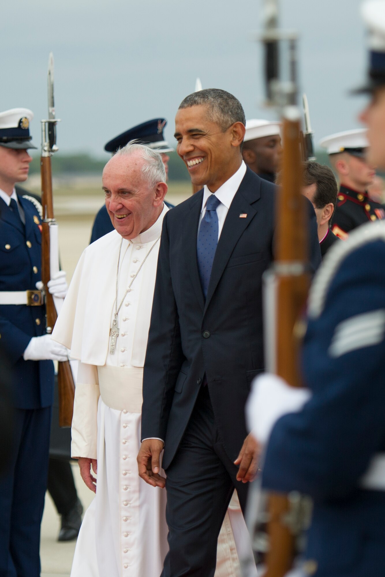 Pope Francis is escorted down the red carpet after his arrival to Joint Base Andrews, Md., Sept. 22, 2015. More than one thousand people were in attendance for the pope’s arrival. (U.S. Air Force photo/Tech. Sgt. Robert Cloys)