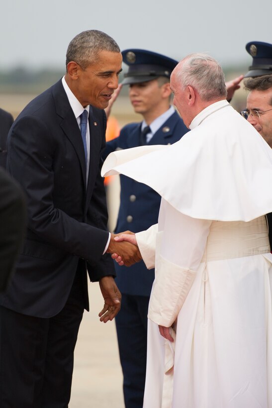 President Barack Obama greets Pope Francis at Joint Base Andrews, Md., Sept. 22, 2015. This marks the first visit by the current pope to the United States. (U.S. Air Force photo/Tech. Sgt. Robert Cloys)