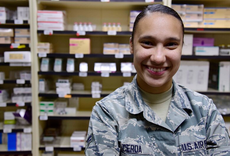 U.S. Air Force Airman 1st Class Veronique J. Cerda, 35th Medical Support Squadron pharmacy technician, poses for a photo at Misawa Air Base, Japan, Sept. 22, 2015. Cerda?s duties consist of counting medicine, conducting inventories and providing medication to patients. (U.S. Air Force photo by Airman 1st Class Jordyn Fetter/Released)
