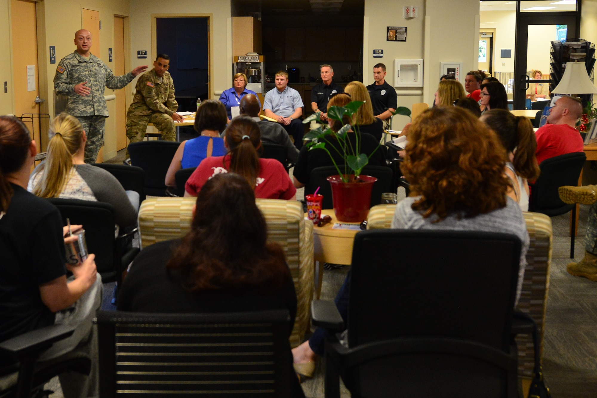 U.S. Army Maj. Gen. Anthony C. Funkhouser, U.S. Army Training and Doctrine Command commander, speaks with the Fort Eustis Residential Working group during their monthly meeting at Fort Eustis, Va., Sept. 16, 2015.  The group was established to give residents an open forum to address needed community improvements with base leadership and post agencies. (U.S. Air Force photo by Staff Sgt. Natasha Stannard/Released)