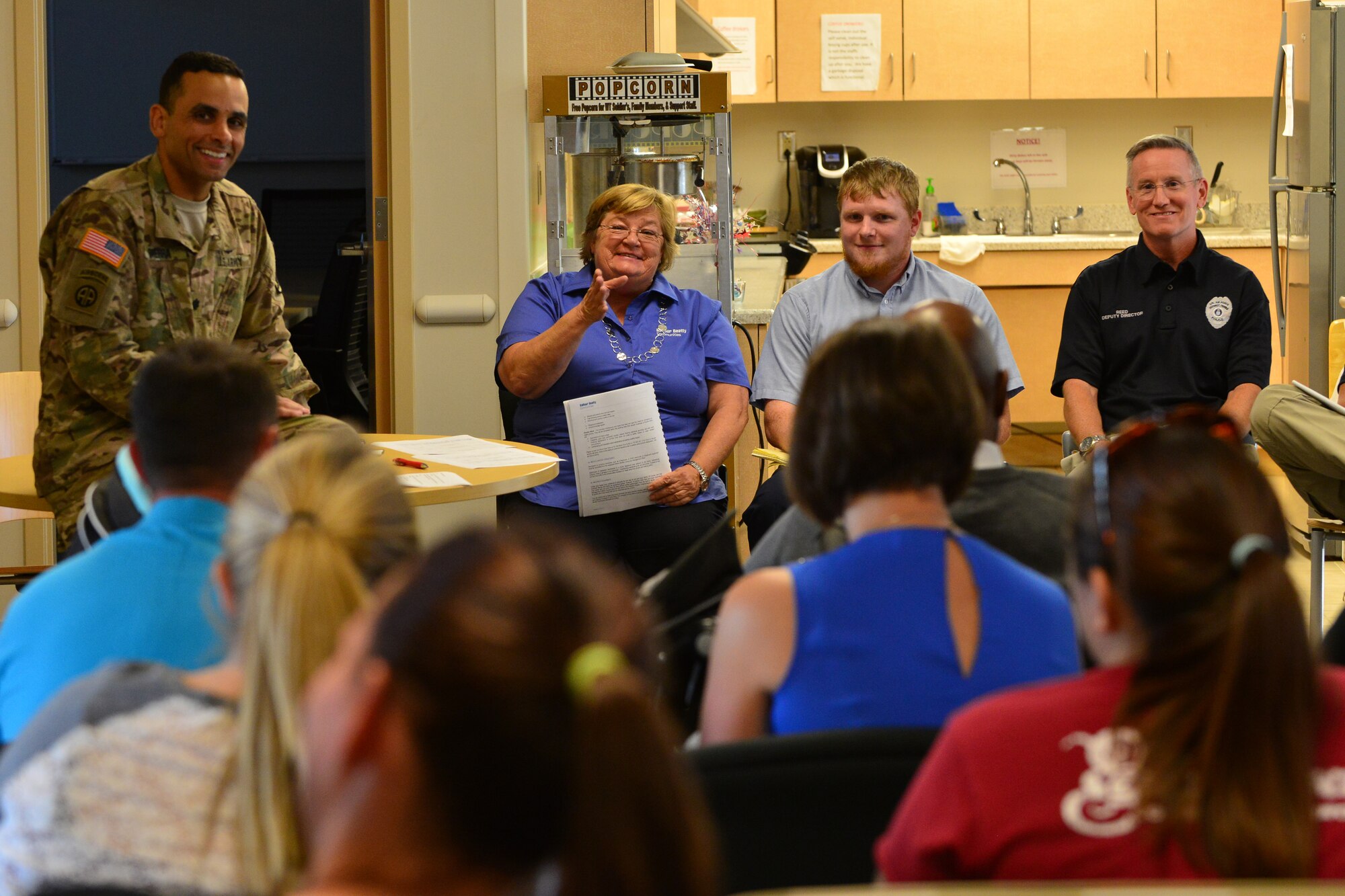U.S. Army Lt. Col. Ricardo L. Sierra-Guzman, Fort Eustis-Fort Story Army Support Activity commander, and installation agency representatives participate in a residential working group at Fort Eustis, Va., Sept. 16, 2015. The group meets monthly to discuss ways to improve the quality of life at Fort Eustis. (U.S. Air Force photo by Staff Sgt. Natasha Stannard/Released)
