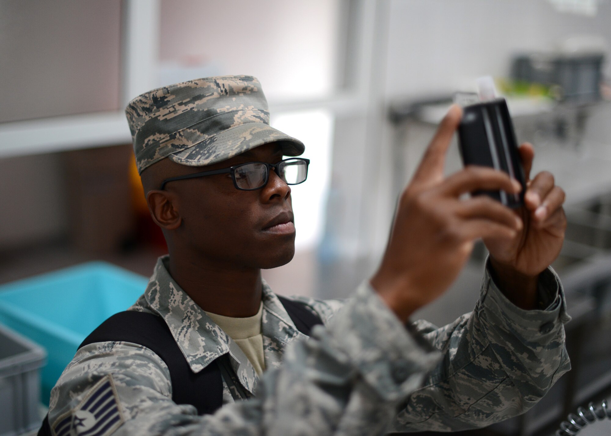 U.S. Air Force Tech. Sgt. Theodore Miller, 31st Medical Group
Bioenvironmental Engineer technician, tests a water sample at a Slovenian
army dinning facility during the U.S. Air Forces Expeditionary Medical
Support training site Sept. 18, 2015 in Vipava, Slovenia. The training is
part of the 13-day multinational, tactical field training exercise,
Immediate Response 15. The exercise is designed to allow partner nations and
U.S. military services to improve NATO interoperability and regional
security. (Photo by U.S. Air Force Tech. Sgt. Eric Donner/Released)