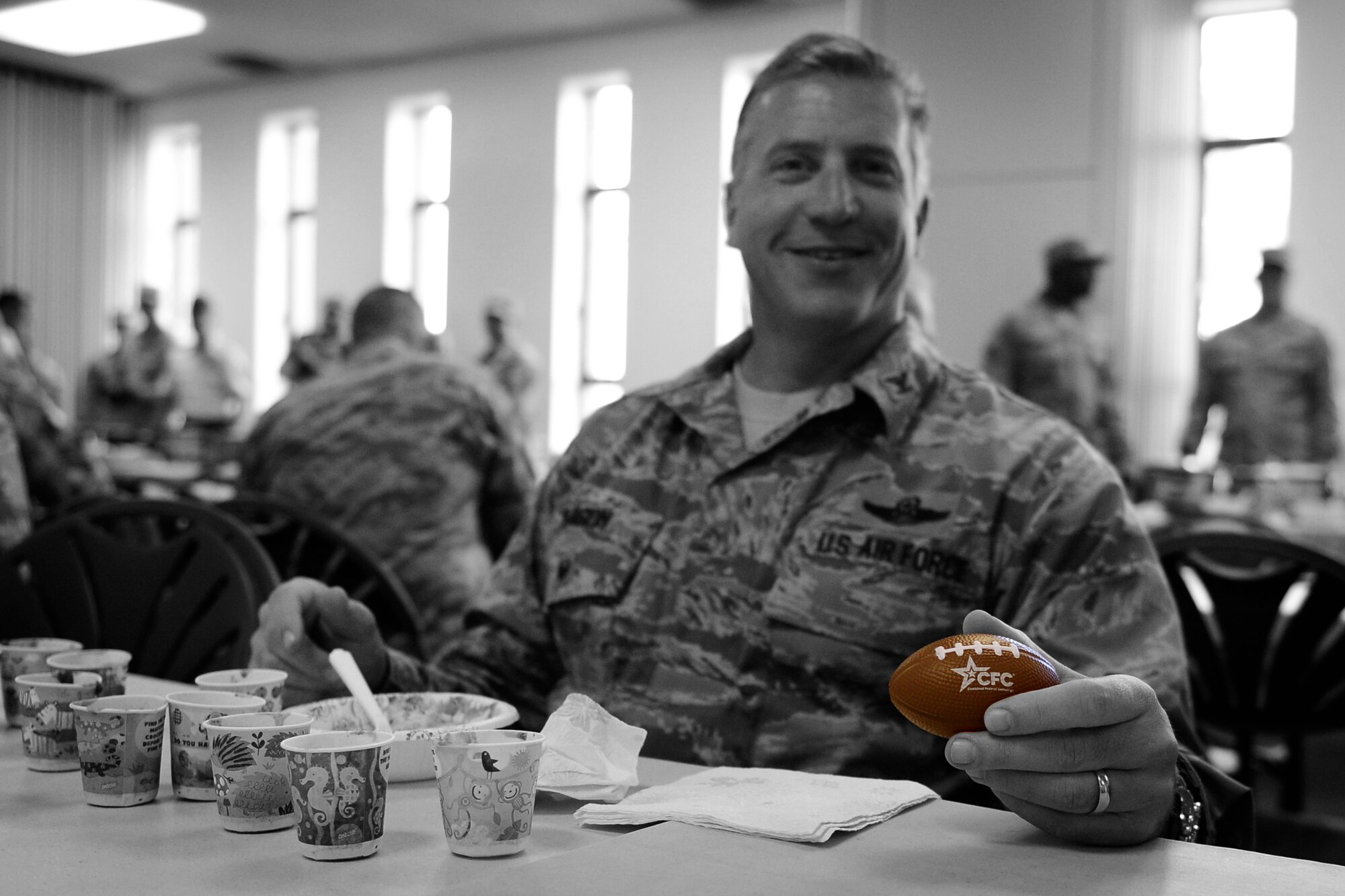Col. David Eaglin, 48th Fighter Wing vice commander, tastes several batches of chili at the Combined Federal Campaign Chili Cook-off at Royal Air Force Lakenheath, England, Sept. 21, 2015. The purpose of the campaign is to raise funds for charitable organizations. (U.S. Air Force photo by Airman 1st Class Erin R. Babis/Released) 