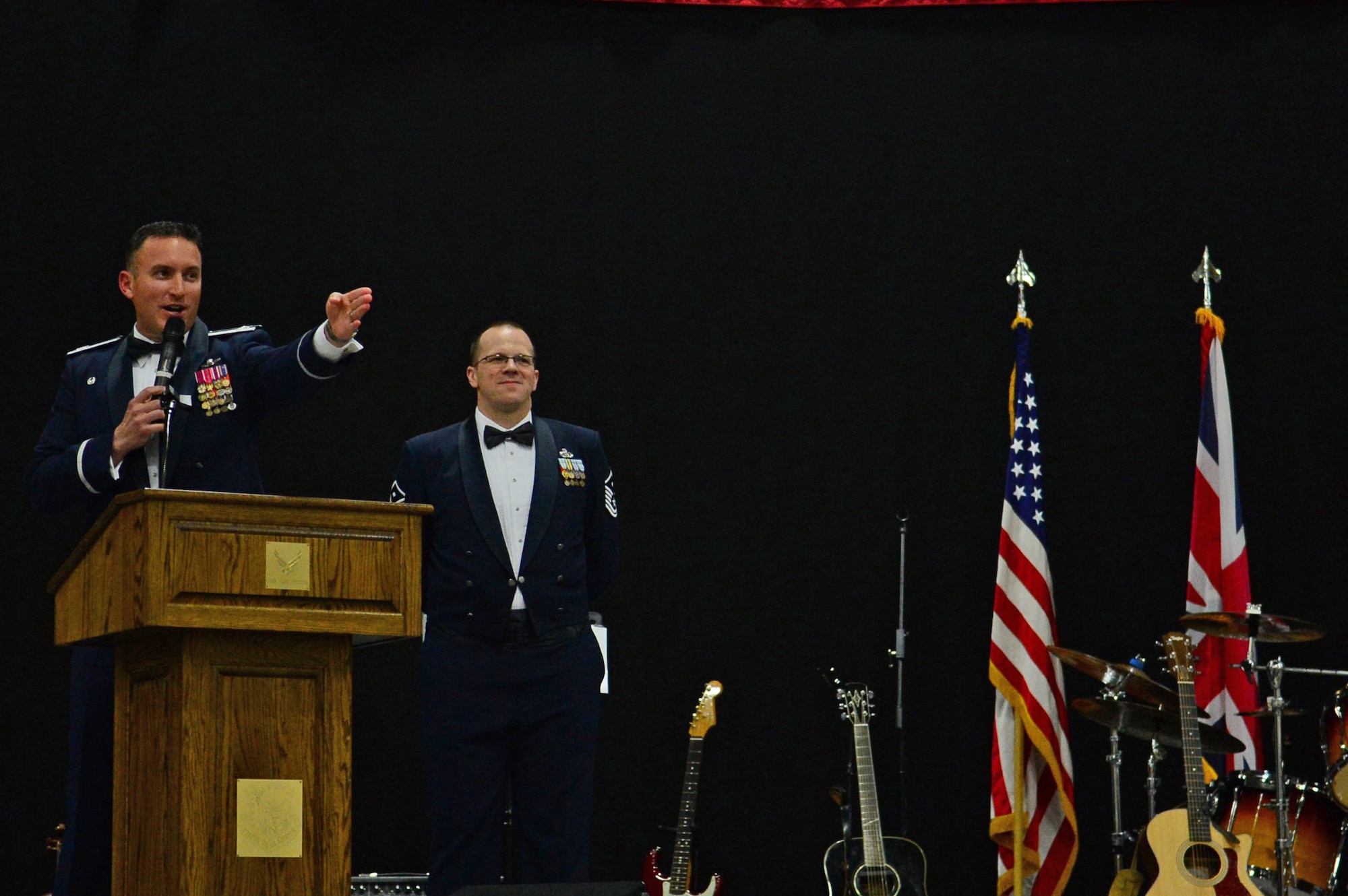 Col. Robert Novotny, 48th Fighter Wing commander, provides opening remarks during the Air Force Ball at Royal Air Force Lakenheath, England, Sept. 18, 2015. Spouses and Airmen from RAFs Lakenheath and Mildenhall, along with local RAF members, came together to celebrate the Air Force’s 68th birthday in conjunction with the 75th anniversary of the Battle of Britain. (U.S. Air Force photo by Senior Airman Erin O’Shea/Released) 
