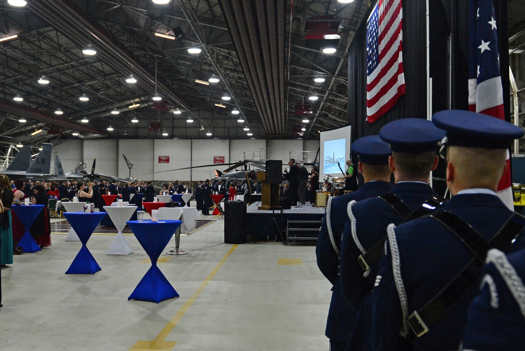 Honor guard members prepare for an opening ceremony at the Air Force Ball on Royal Air Force Lakenheath, England, Sept. 18, 2015. Service members from RAFs Lakenheath and Mildenhall, along with local RAF partners, came together to celebrate the Air Force’s 68th birthday in conjunction with the 75th anniversary of the Battle of Britain. (U.S. Air Force photo by Senior Airman Erin O’Shea/Released)
