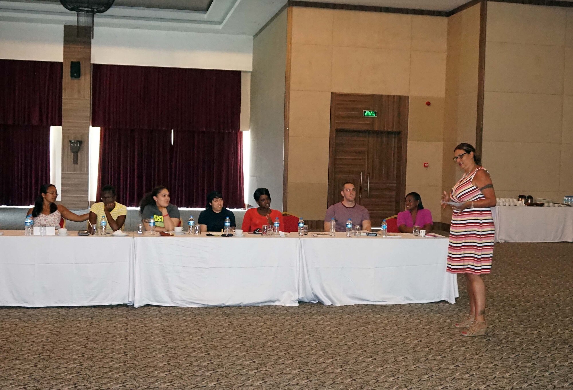 Sara Ancic, a 39th Air Base Wing master resiliency trainer, teaches an interpersonal skills class during the RUfit Resiliency Retreat July 11, 2015, in Mersin, Turkey. Activities of the three-day retreat included an ice breaker, meditation, games and lessons geared at bringing the individuals together as a team while developing resiliency skills. (Courtesy photo)
