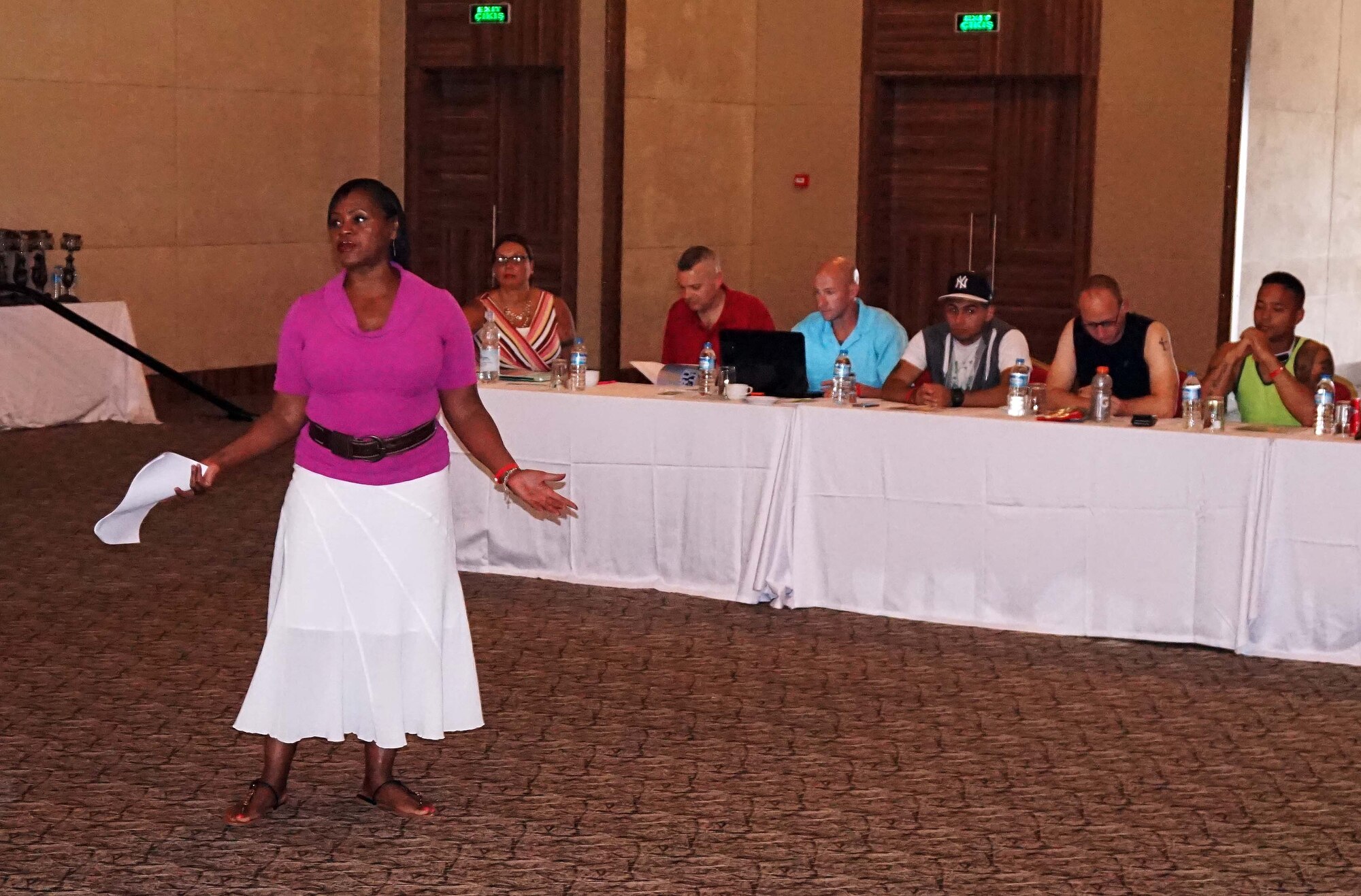 Almeda Giles, 39th Air Base Wing community support coordinator, hosts a coping seminar during the RUfit Resiliency Retreat July 11, 2015, in Mersin, Turkey. Twenty-Eight Airmen, E-5 and below, from the 39th ABW attended the retreat.  (Courtesy photo)