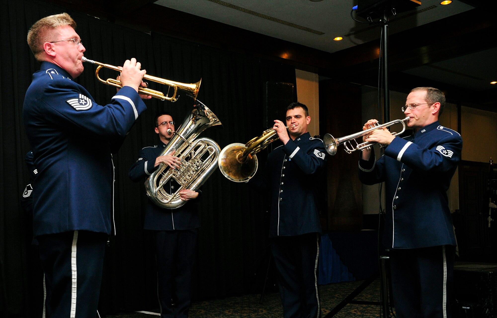 The U.S. Air Forces in Europe Band performs “Ruffles and Flourishes” during the Air Force Ball Sept. 12, 2015, at Ramstein Air Base, Germany. Team Ramstein celebrated the Air Force’s 68th birthday by paying homage to the 25th anniversary of Operation Desert Storm. (U.S. Air Force photo/Airman 1st Class Larissa Greatwood)