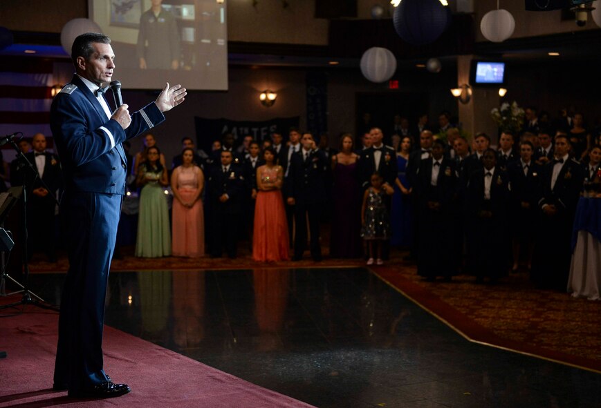 U.S. Air Force Brig. Gen. Barry Cornish, 18th Wing commander, delivers a speech to members of Team Kadena during the 2015 Air Force Ball Sept. 19, 2015, at the Rocker NCO Club on Kadena Air Base, Japan. He spoke about how yesterday's Airmen have set high standards through dedication to duty and innovation and how the next generation is stepping up to continue that legacy. (U.S. Air Force photo by Senior Airman John Linzmeier)