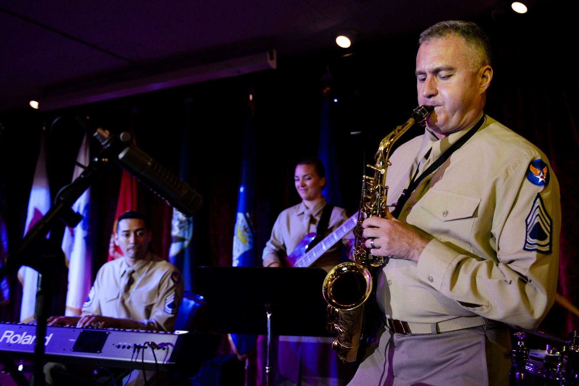 U.S. Air Force Master Sgt. Jim Butler, United States Air Force Band of the Pacific-Asia saxophonist, provides musical entertainment during the 2015 Air Force Ball Sept. 19, 2015, at the Rocker NCO club on Kadena Air Base, Japan. The Air Force Band of the Pacific-Asia consists of full time active duty musicians who perform in the Indo-Asia-Pacific region in support of military and community relations objectives. (U.S. Air Force photo by Senior Airman John Linzmeier)
