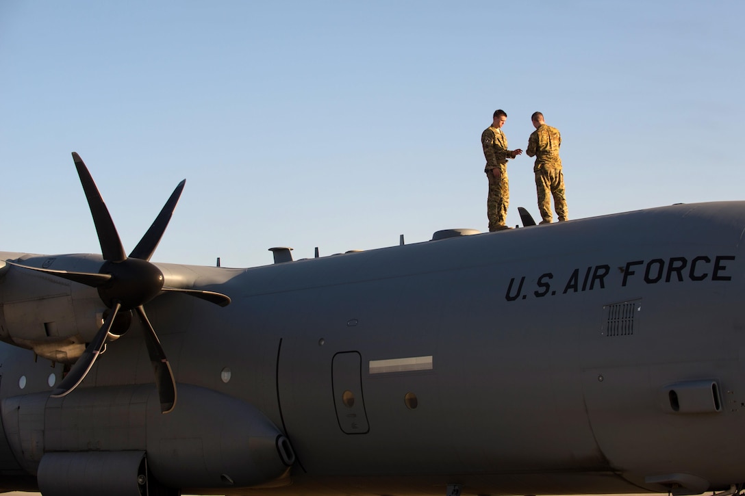 U.S. airmen complete preflight inspections on a C-130J Super Hercules aircraft on Bagram Airfield, Afghanistan, Sept. 12, 2015. U.S. Air Force photo by Tech. Sgt. Joseph Swafford 