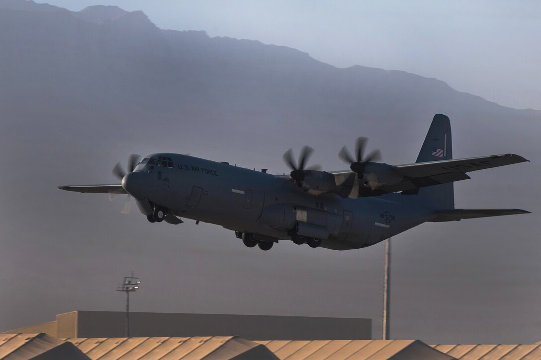 A U.S. Air Force C-130J Super Hercules aircraft takes off from Bagram Airfield, Afghanistan, Sept. 12, 2015. U.S. Air Force photo by Tech. Sgt. Joseph Swafford