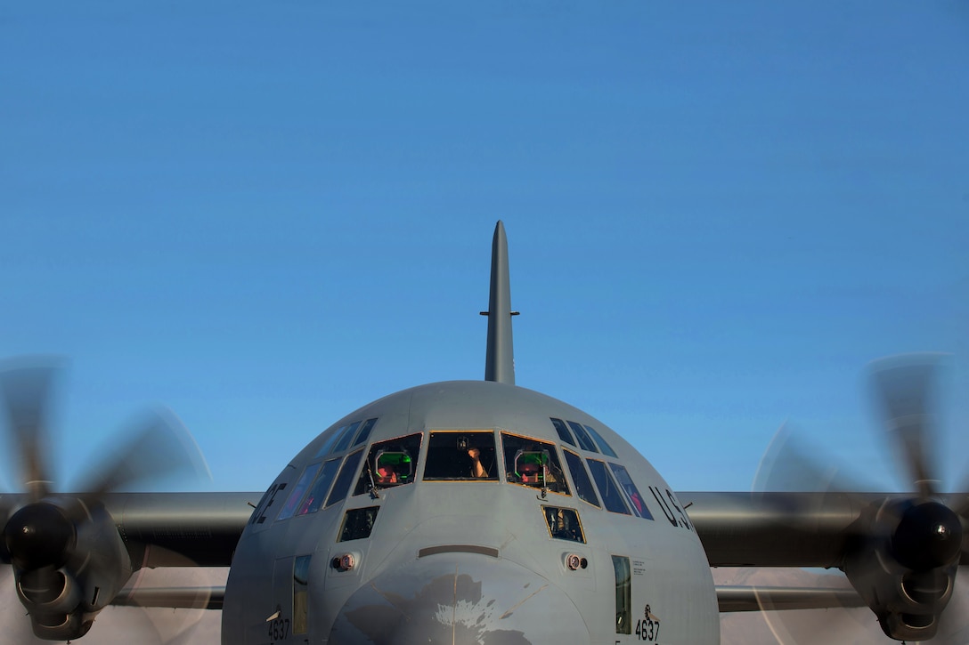A U.S. Air Force C-130J Super Hercules aircraft taxis before taking off from Bagram Airfield, Afghanistan, Sept. 12, 2015. U.S. Air Force photo by Tech. Sgt. Joseph Swafford 