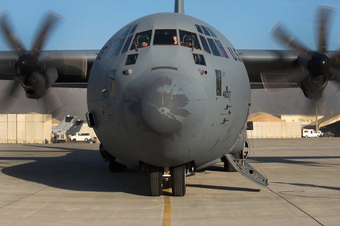 A U.S. Air Force C-130J Super Hercules aircraft is prepped before taking off from Bagram Airfield, Afghanistan, Sept. 12, 2015. U.S. Air Force photo by Tech. Sgt. Joseph Swafford