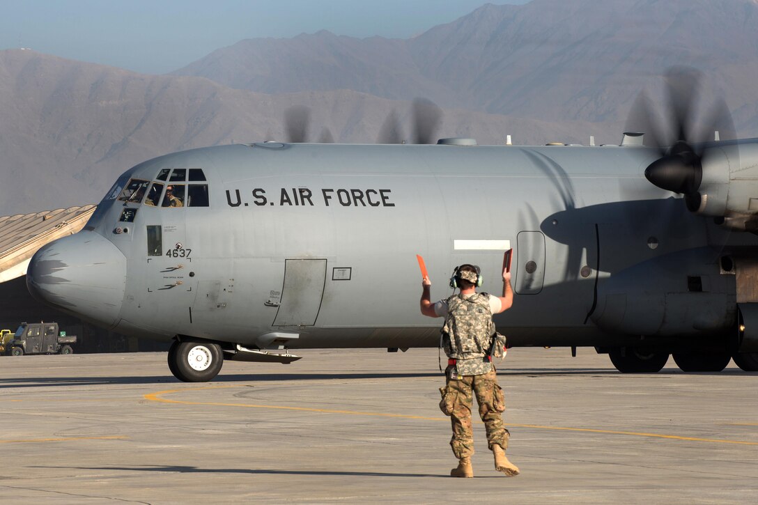 A U.S. Air Force C-130J Super Hercules aircraft taxis before taking off from Bagram Airfield, Afghanistan, Sept. 12, 2015. U.S. Air Force photo by Tech. Sgt. Joseph Swafford