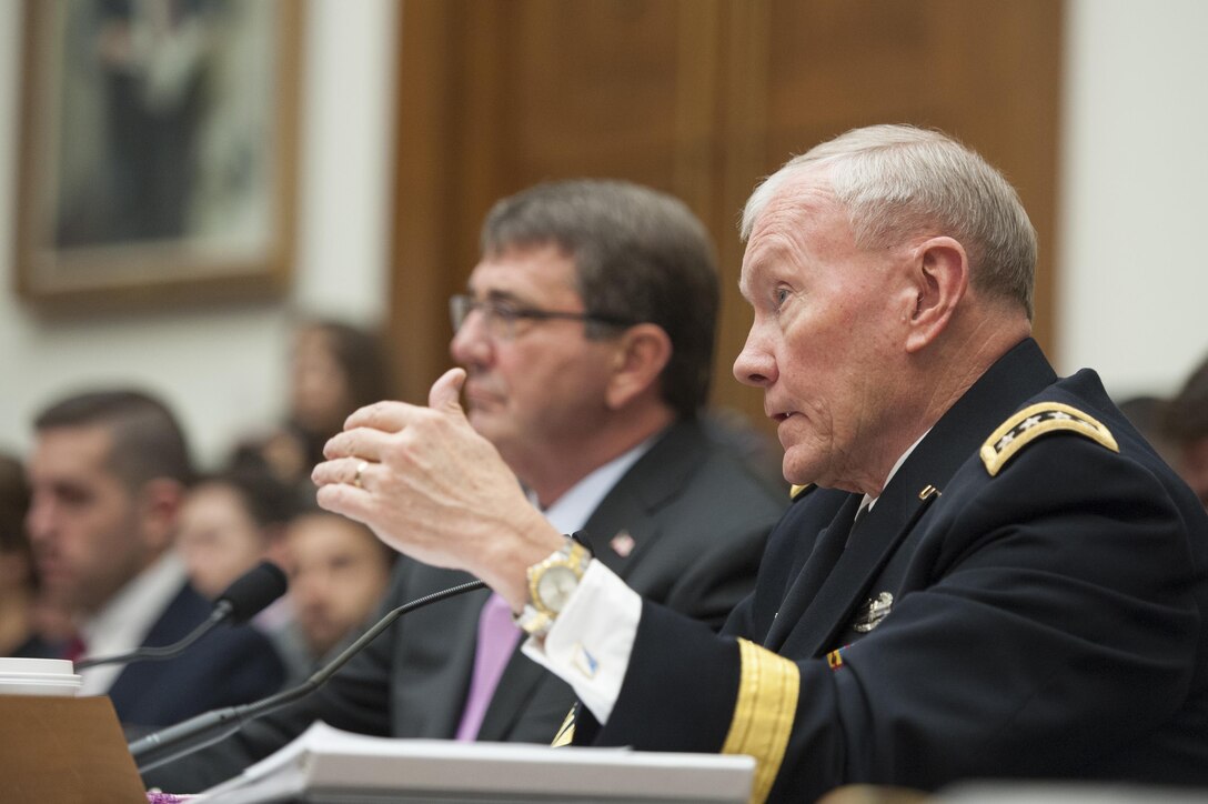 Chairman of the Joint Chiefs of Staff Army Gen. Martin E. Dempsey and Defense Secretary Ash Carter testify before the House Armed Services Committee in Washington, D.C., June 17, 2015. DoD photo by U.S. Navy Petty Officer 1st Class Daniel Hinton