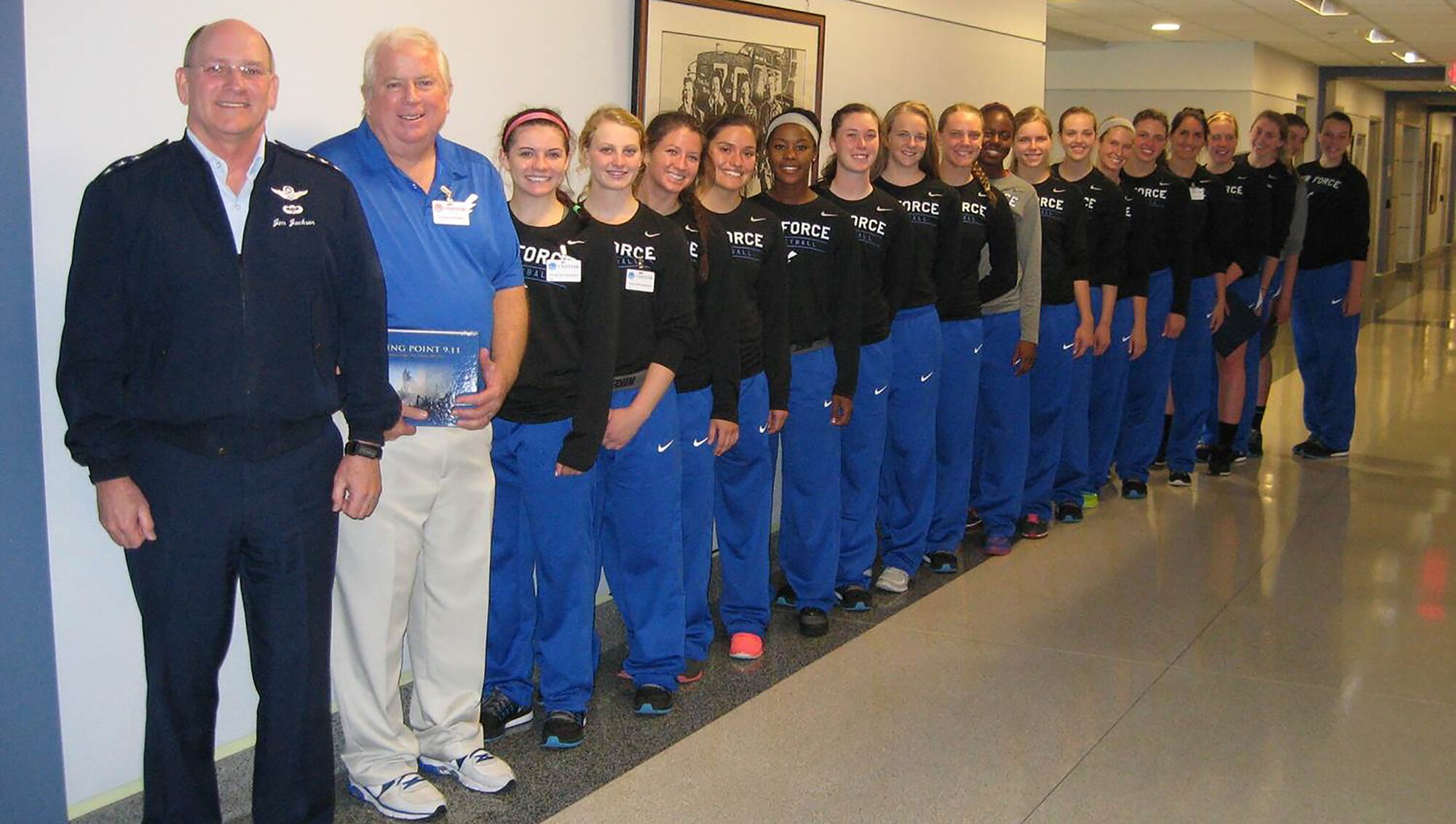 Lt. Gen. James F. Jackson, commander, Air Force Reserve Command and chief of the Air Force Reserve, met the U.S. Air Force Academy women's volleyball team during the Service Academy Challenge at the Pentagon. The USAFA team lost to West Point 3-2, but beat Harvard in the Sept. 11 matches. The team visited the Pentagon and met with Jackson, who stood in for Gen. Mark Welsh, Air Force Chief of Staff, who was out of town. (Courtesy photo)