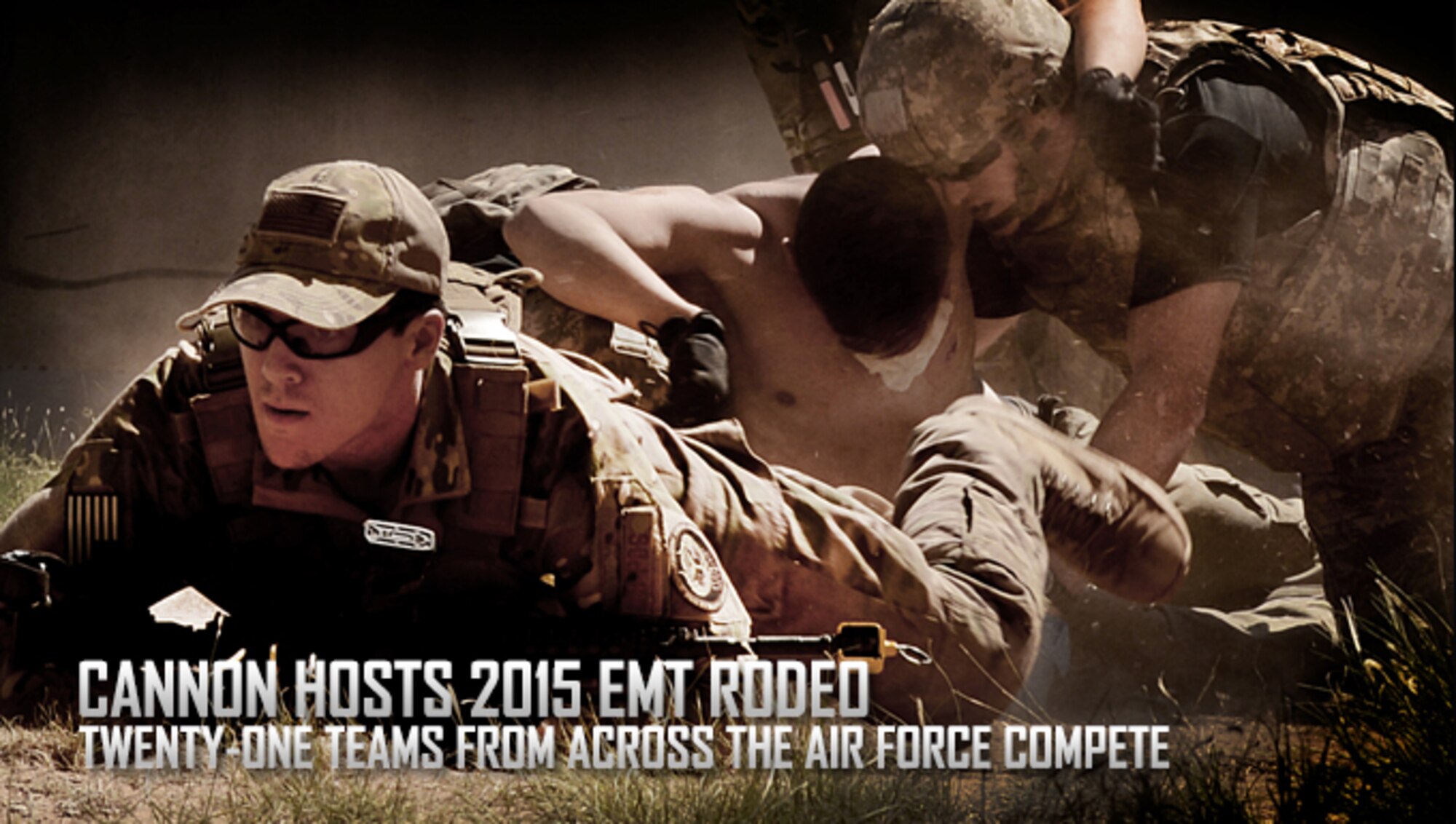 A security forces member escorts a team of Air Force emergency medical technicians through the Commando Challenge during the 2015 EMT Rodeo Sept. 17, 2015 at Melrose Air Force Range, N.M. Twenty-one teams of elite EMTs from 22 installations across the Air Force convened at Cannon Air Force Base, N.M., for two days of innovative, high-octane competition Sept. 17-18. (U.S. Air Force photo/Staff Sgt. Matthew Plew)