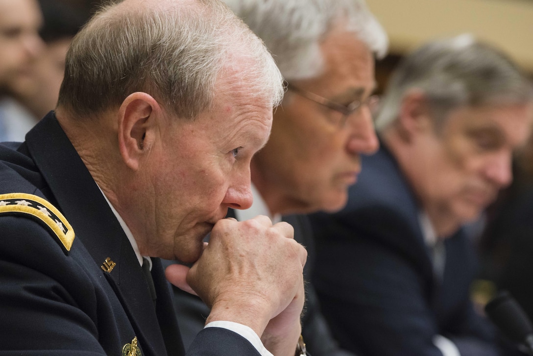 Defense Secretary Chuck Hagel, Chairman of the Joint Chiefs of Staff Army Gen. Martin E. Dempsey and DoD Comptroller Robert Hale testify before the House Armed Services Committee during the DoD Fiscal Year 2015 National Defense Authorization Budget Request hearing at the Rayburn Building at the Capitol, Mar. 6, 2014. DoD photo by Army Staff Sgt. Sean K. Harp