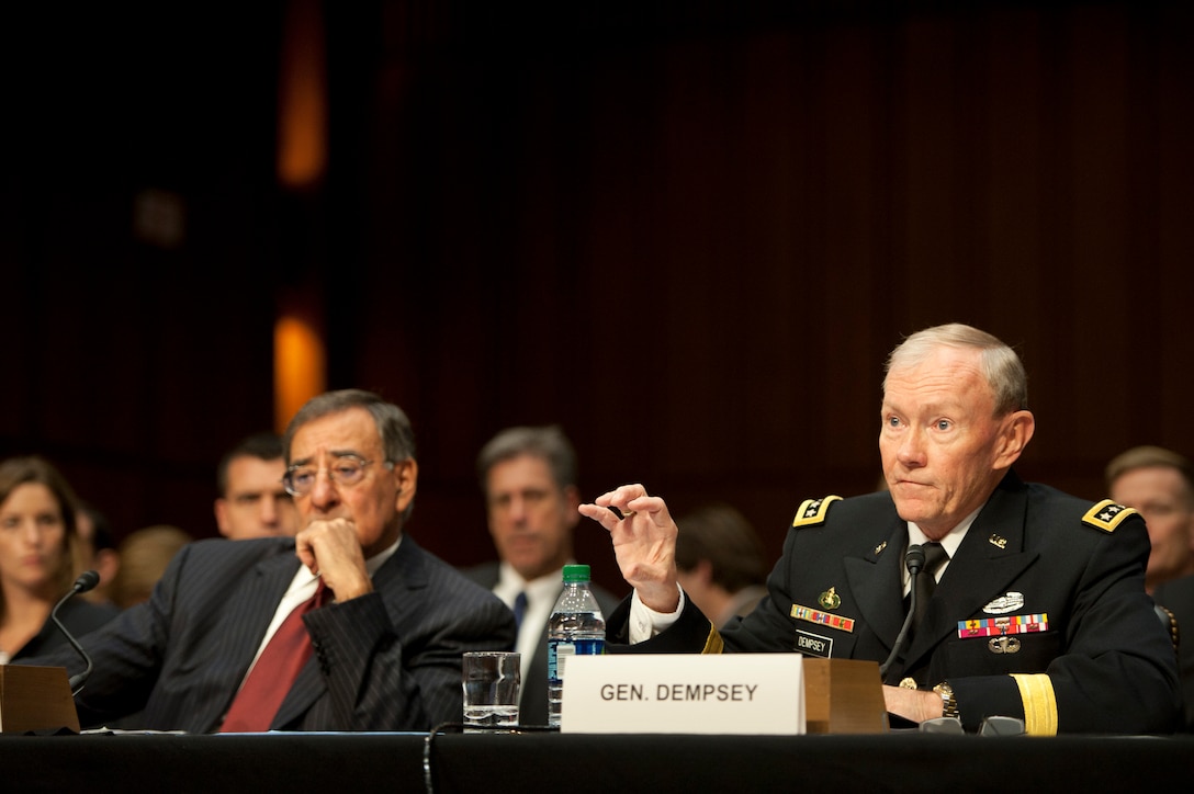 Army Gen. Martin E. Dempsey, chairman of the Joint Chiefs of Staff, testifies alongside Defense Secretary Leon E. Panetta to the Senate Armed Services Committee at the Hart Senate Office Building in Washington, D.C., Nov. 15, 2011. DoD photo by Erin A. Kirk-Cuomo
