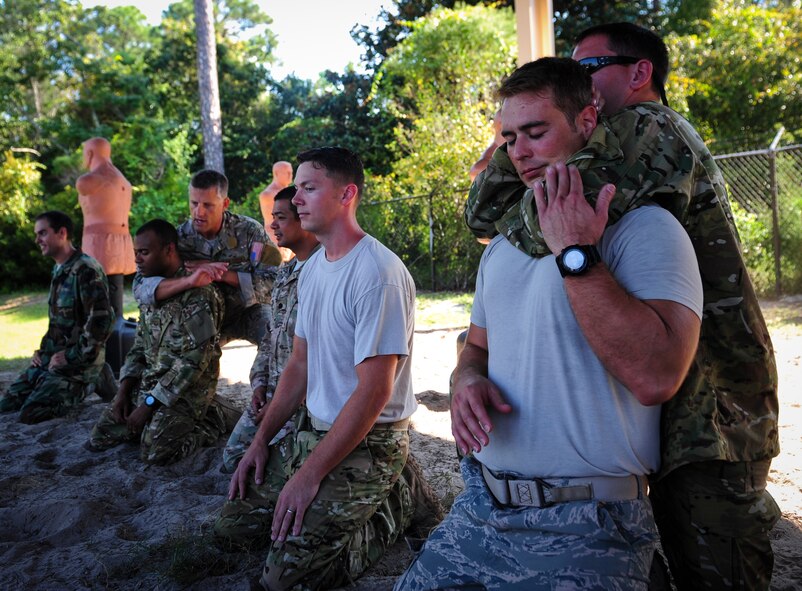 Survival, evasion, resistance and escape specialists demonstrate choke holds during combatives training at Hurlburt Field, Fla., Sept. 2, 2015. Aircrew members participate in combat survival training tri-annually to maintain proficiency on skill sets such as combative, evasion, navigation, signaling, radio use and discipline and contact procedures. (U.S. Air Force photo by Senior Airman Meagan Schutter)