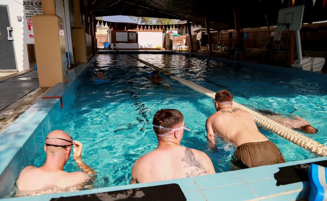 CAMP LEMONNIER, Djibouti (Sept. 19, 2015) U.S. Marines with Delta Company, Light Armored Reconnaissance Detachment, 15th Marine Expeditionary Unit, swim laps during water-conditioning training. The Marines were preparing for a survival course and combat training with members of the French military in Djibouti.. Elements of the 15th MEU are preparing to conduct bilateral training with the 5th Overseas Combined Arms Regiment (RIAOM) in Djibouti in order to improve interoperability between the MEU and the French military. (U.S. Marine Corps photo by Sgt. Steve H. Lopez/Released)