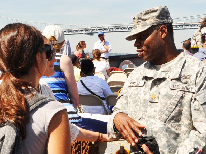 Maj. James Curlee, prospective Deputy Commander, Army Corps’ New York District interacts with partners during a Harbor Inspection held in September 2015 aboard the DCV Hayward.