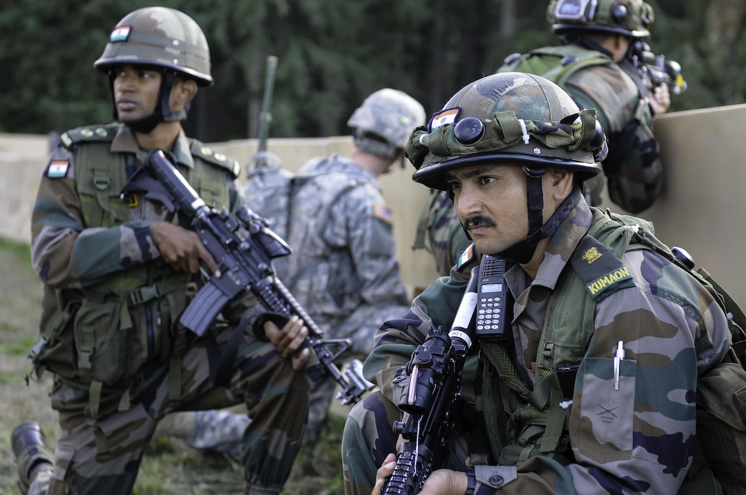 Indian soldiers provide security while conducting company movement procedures during the exercise Yudh Abhyas 2015 on Joint Base Lewis-McChord, Wash., Sept. 21, 2015. U.S. Army photo by Sgt. Daniel Schroeder