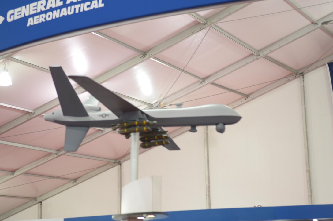 This model was a 1/16 scale reproduction of General Atomics Aeronautical’s MQ-9 unmanned aerial system displayed during the Modern Day Marine Military Exposition aboard MCBQ, Sept. 22.