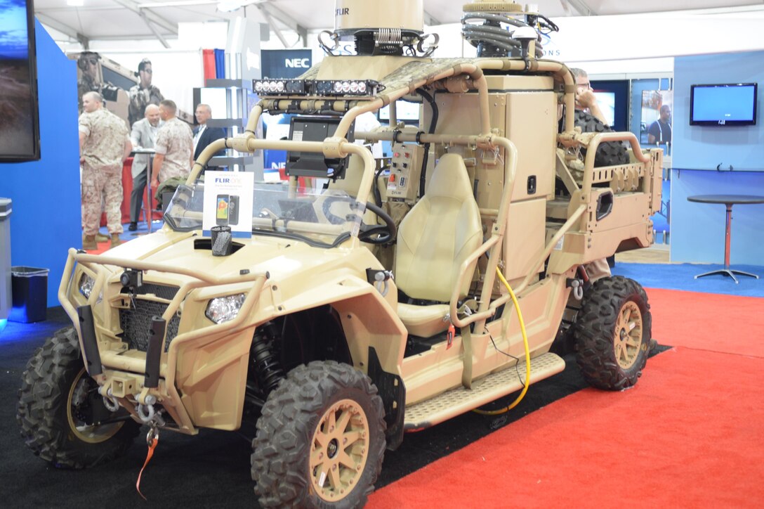 This Light Tactical Vehicle (LTV) was exhibited by FLIR Systems Incorporated. The vehicle is equipped for border patrol duty with 360-degree radar monitoring, infrared camera, target distance detection and other features to operate in an austere environment.