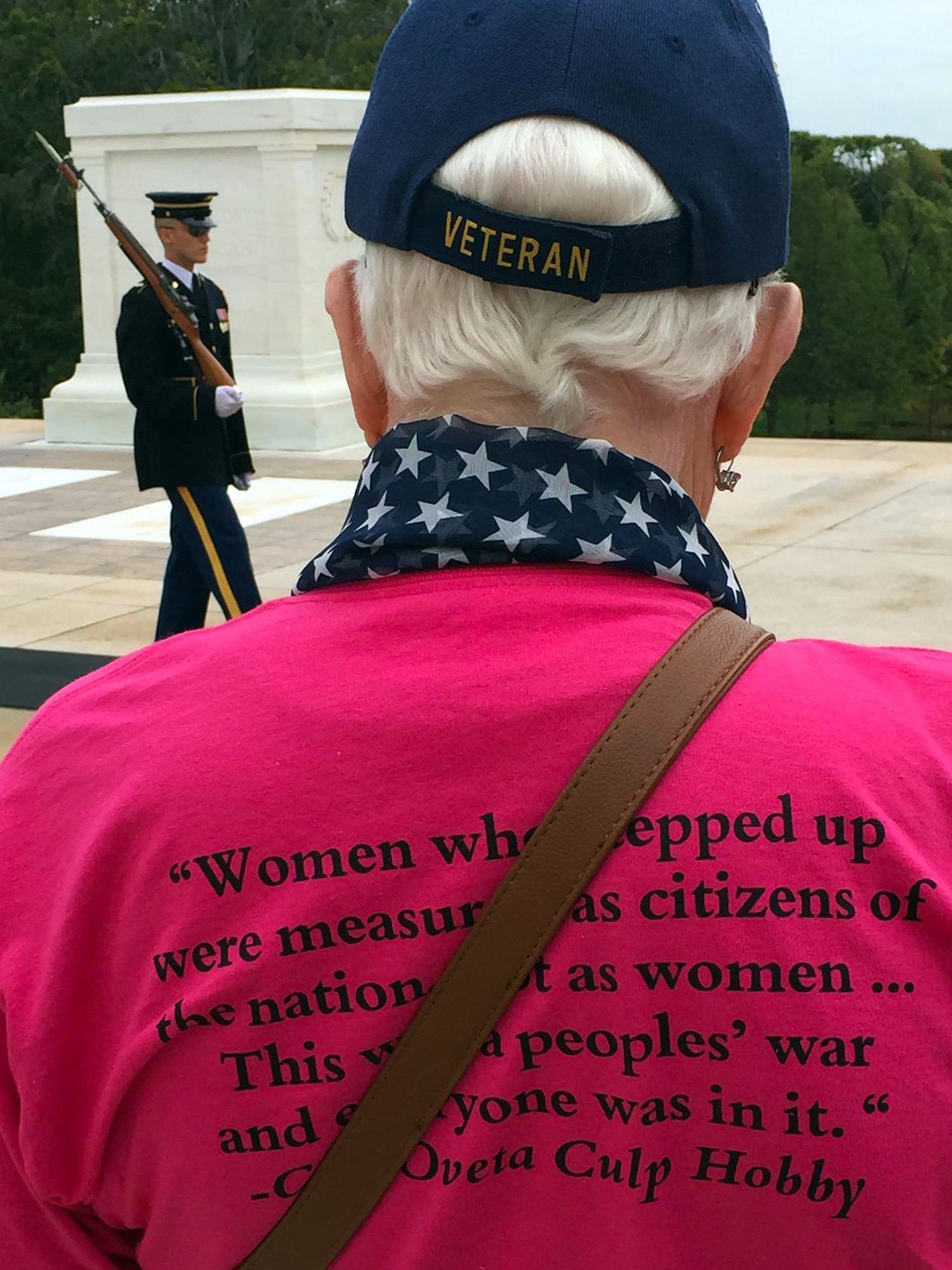 A veteran from the first all-female honor flight pays respect at Arlington National Cemetery during a tour of the nation's capital and surrounding areas, Arlington, Va., Sept. 22, 2015. DoD photo by Lisa Ferdinando