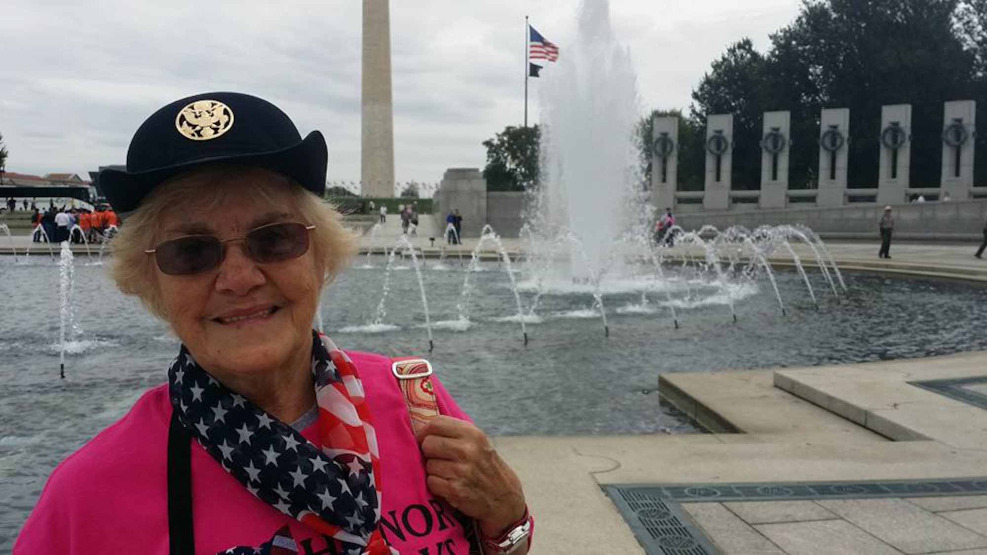 "It's a dream come true," Army veteran Sara Abrams said about being a part of the first all-female honor flight. She is seen at the World War II memorial in Washington, D.C., during the one-day tour, Sept. 22, 2015. DoD photo by Lisa Ferdinando