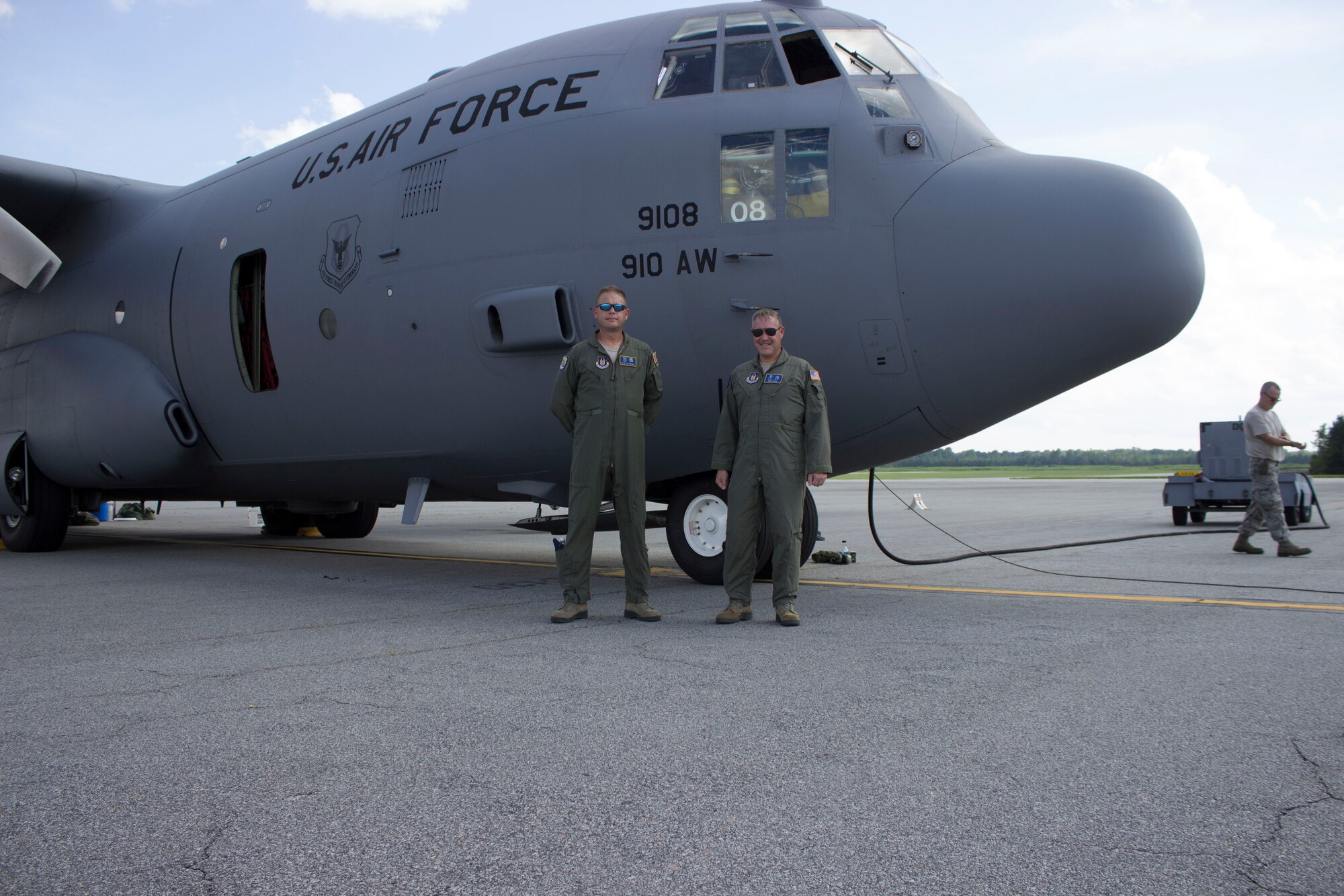 Don Teig, Air Force Civil Engineer Center medical entomologist and reservist, and Lt. Col Karl Haagsma, mission commander and medical entomologist, prepare for an aerial spray mission to eliminate mosquitoes over the dredge spoils of Joint Base Charleston, South Carolina. (U.S. Air Force Photo/Susan Lawson/Released)