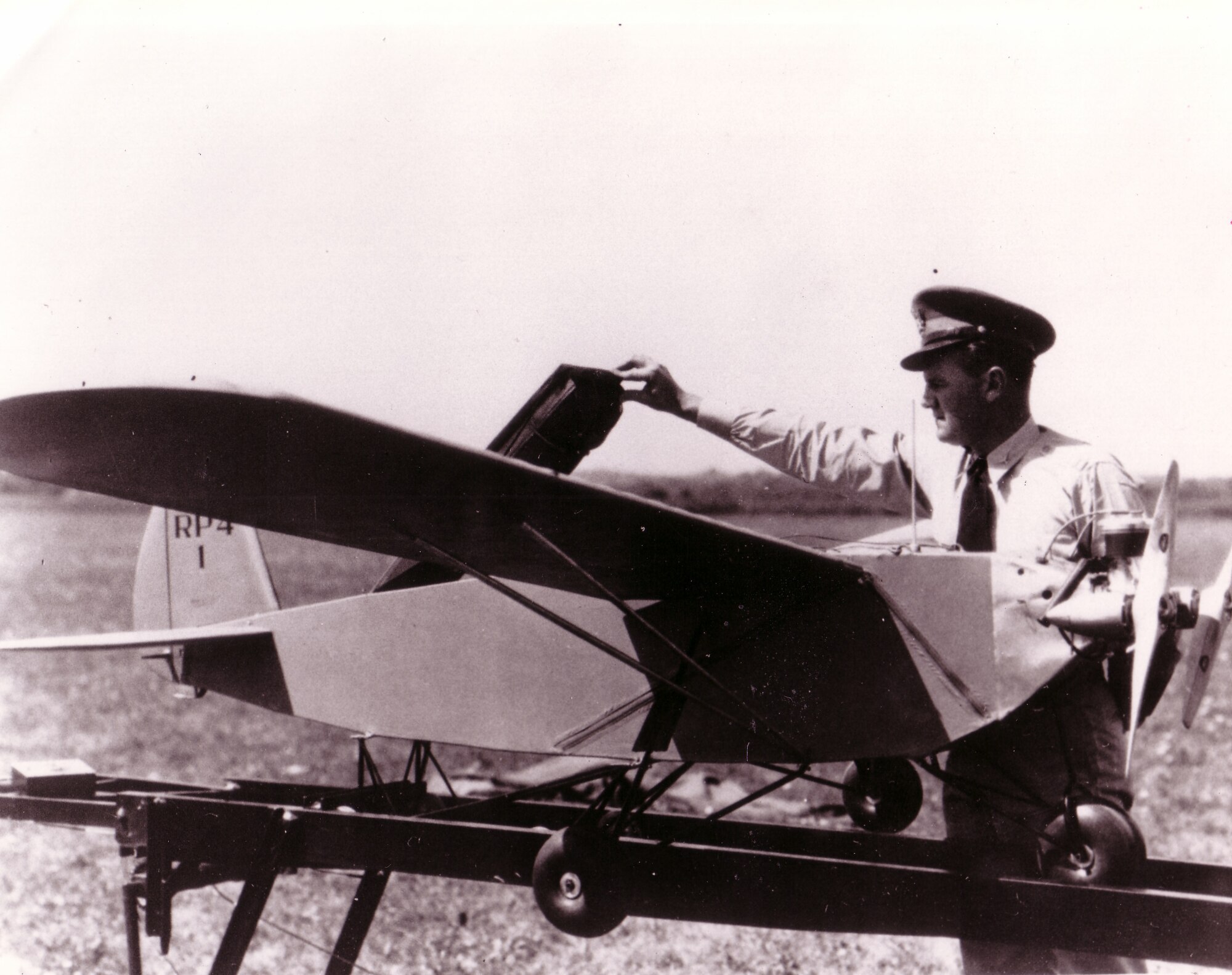 Then-Capt. George V. Holloman inspects a remotely piloted aircraft in 1937. Today’s remotely piloted aircraft and the Airmen that support them are in existence because of research and development done by Holloman in the late 1930s. (Courtesy photo) 