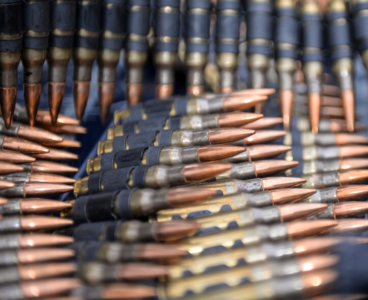 Ammunition for the M240 light machine gun sits waiting to be used for a practice prior to the 2015 Global Strike Challenge at Fort Polk, La., Sept. 11, 2015. Airmen from across Air Force Global Strike Command will compete June through November to showcase the world's premier bomber and intercontinental ballistic missile force and to recognize outstanding AFGSC personnel and teams. (U.S. Air Force photo/Airman 1st Class Mozer Da Cunha)