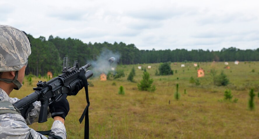 Staff Sgt. Gabriel Larrazabal, 2nd Security Forces Squadron NCO in charge of plans and programs, practices with an M203 grenade launcher while training for the 2015 Global Strike Challenge at Fort Polk, La., Sept. 11. As part of the competition, security forces Airmen demonstrated their skills with the weapon, testing their effectiveness at eliminating targets from short and long range. (U.S. Air Force photo/Airman 1st Class Mozer Da Cunha)