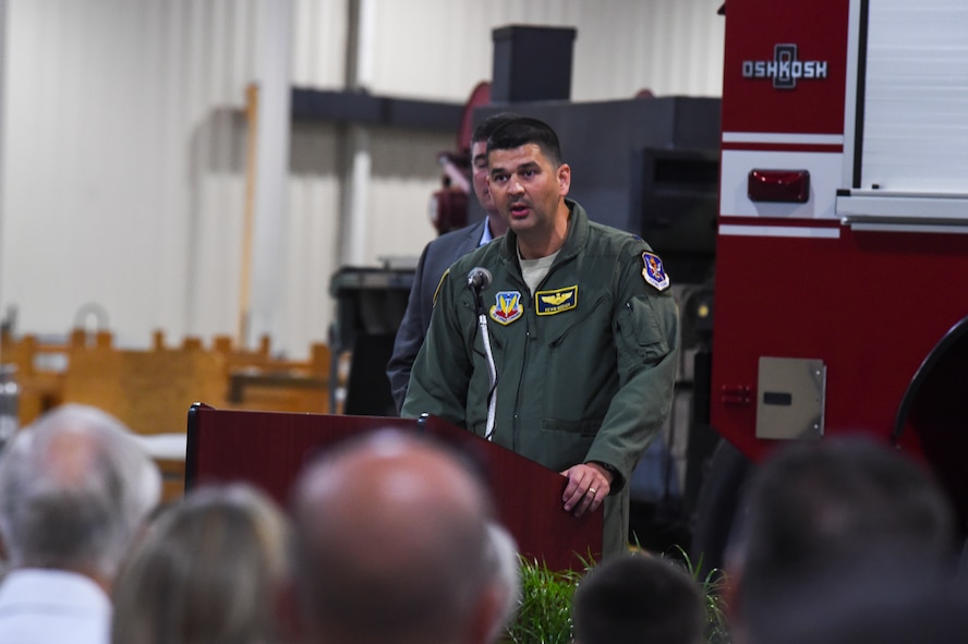 U.S. Air Force Lt. Col. Kevin Beeker, 598th Range Squadron commander, addresses the crowd during the 598th RANS activation and assumption of command ceremony Sept. 22, 2015, at Avon Park Air Force Range, Fla. Beeker will command the 598th RANS which is responsible for operating Avon Park and a deployed unit complex at MacDill Air Force Base, Fla. (U.S. Air Force photo by Senior Airman Ceaira Tinsley/Released)
