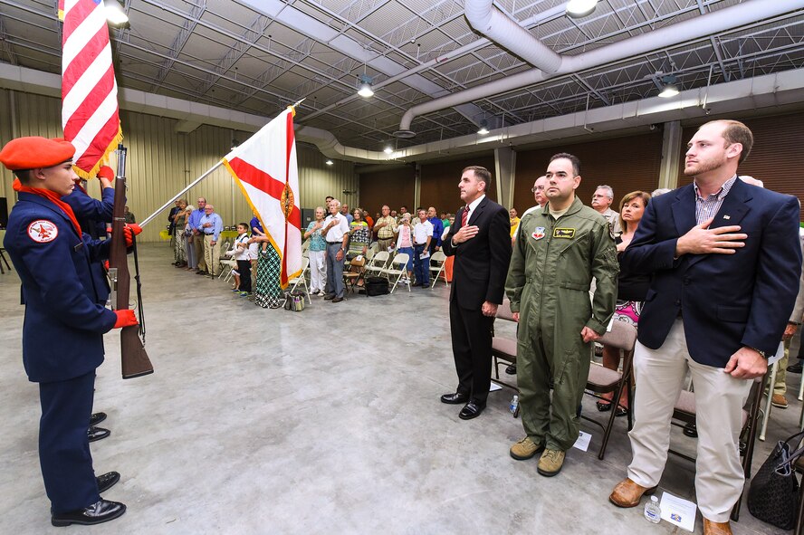 Avon Park High School Air Force Junior Reserve Officer Training Corps’ color guard presents the colors during the 598th Range Squadron activation and assumption of command ceremony Sept 22, 2015, at Avon Park Air Force Range, Fla. Detachment 1 transitioned into the 598th RANS, a fully functioning active-duty squadron. (U.S. Air Force photo by Senior Airman Ceaira Tinsley/Released)