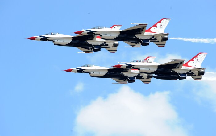 U.S. Air Force Thunderbirds fly in diamond formation at Joint Base Andrews, Maryland, during an air show Sep. 19, 2015. The Thunderbirds will be on display during the California Capital air show at Mather Airport in Sacramento county Oct. 3-4, 2015. (U.S. Air Force photo by Senior Airman Bobby Cummings)