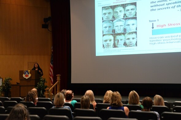 Dr. Amishi Jha speaks about the detrimental effects of stress on a military member and how that stress can transcend over to their spouse during the Mindfulness-Based Attention Training for Military Spouses Project Launch Event Sept. 16, 2015, at Maxwell Air Force Base, Alabama. The Project Launch Event clarified the upcoming opportunity for military spouses to participant in a study to investigate the results of offering military spouses mindfulness training to help better cope with stress and provide concentration skills. (U.S. Air Force photo by Airman 1st Class Alexa Culbert)